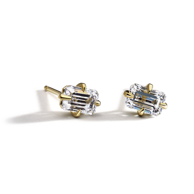 Emerald Diamond Studs Sparkle Earring Solitaire Elegant Dainty Yellow Gold