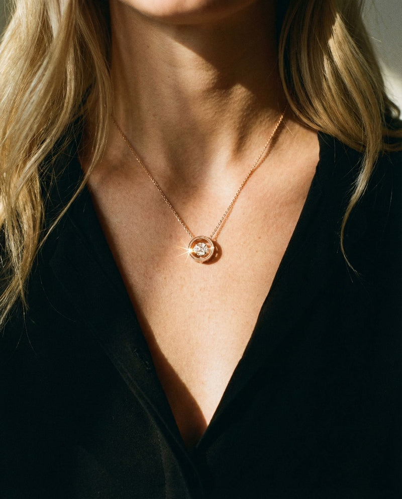 Woman wearing the Rumba Dancing Diamond Necklace