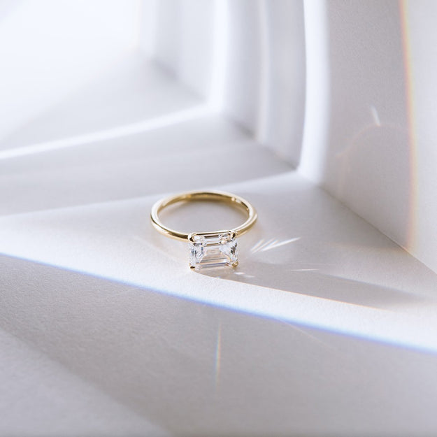 East-West Halo Diamond Engagement Ring Emerald Sparkle Elegant Dainty Stackable Yellow Gold Wedding