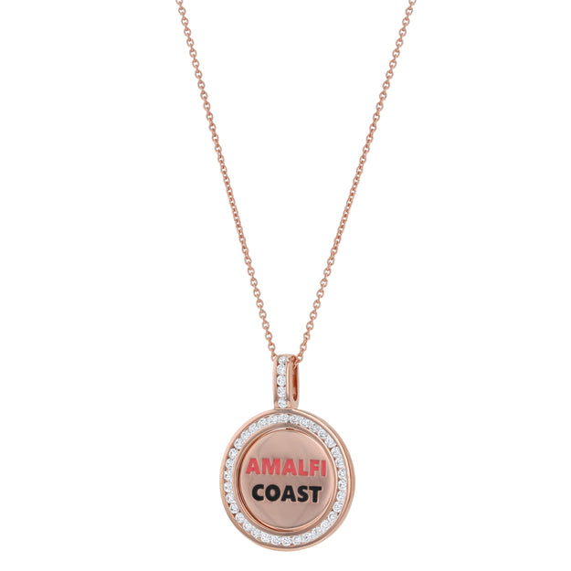 Rose gold necklace with 'Amalfi Coast' pendant on a white background