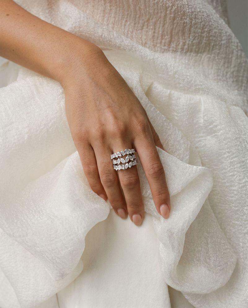 Triple Row Multi Shape Diamonds Ring, editorial close-up