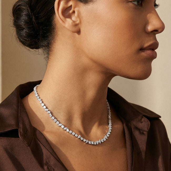 Multi shape diamond tennis necklace worn