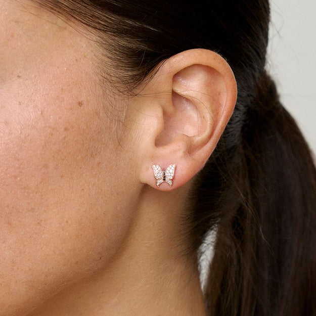 Diamond Rose Gold Butterfly Stud Earrings 14K gold 18K white diamond black diamond VS clarity whimsical sparkling
