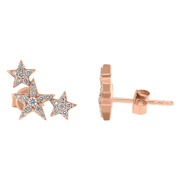 Three Stars Diamond Stud Earrings 18K Gold 14K yellow white rose sparkling whimsical VS Clarity