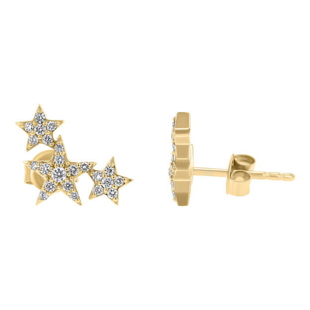 Three Stars Diamond Stud Earrings 18K Gold 14K yellow white rose sparkling whimsical VS Clarity