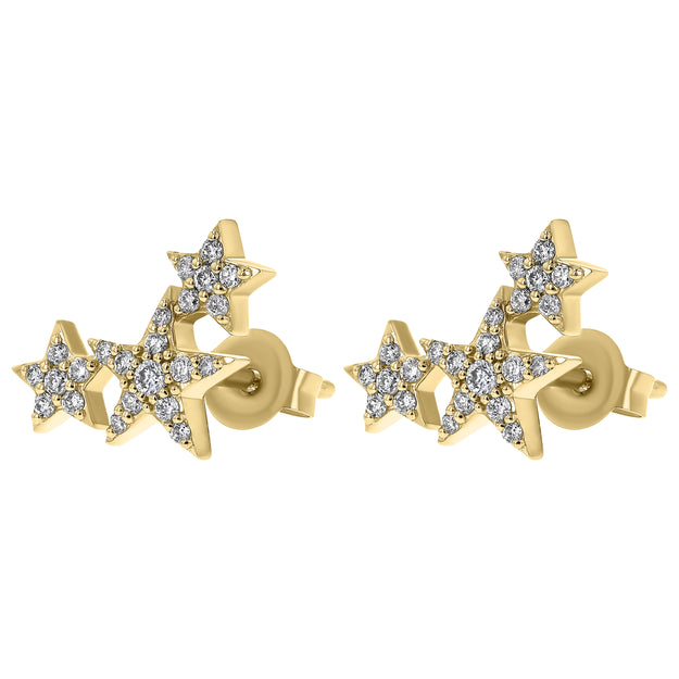 Three Stars Diamond Stud Earrings 18K Gold 14K yellow white rose sparkling whimsical VS Clarity