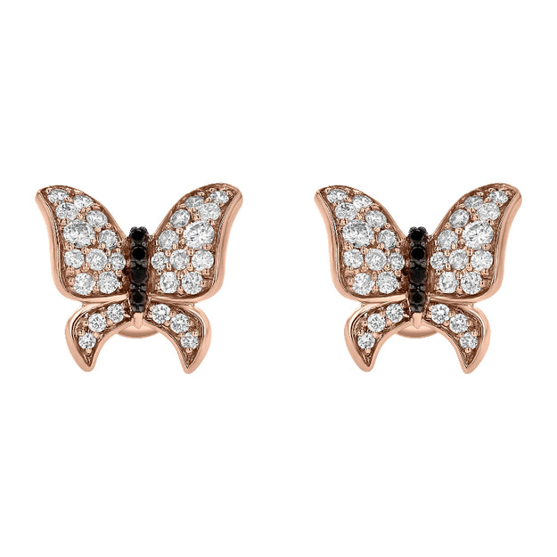 Diamond Rose Gold Butterfly Stud Earrings 14K gold 18K white diamond black diamond VS clarity whimsical sparkling