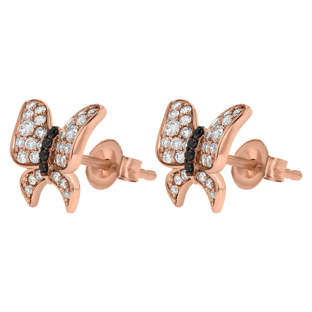 Diamond Rose Gold Butterfly Stud Earrings 14K gold 18K white diamond black diamond VS clarity whimsical sparkling