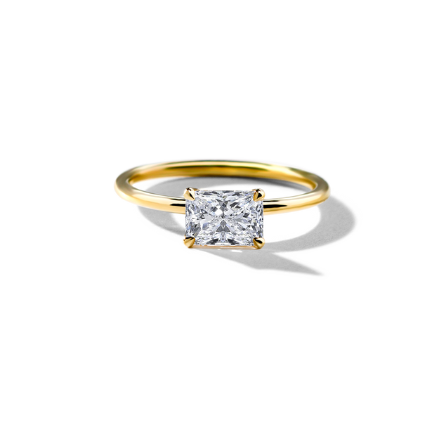 East-West Halo Diamond Engagement Ring Cushion Cut Sparkle Elegant Dainty Stackable Yellow Gold Wedding
