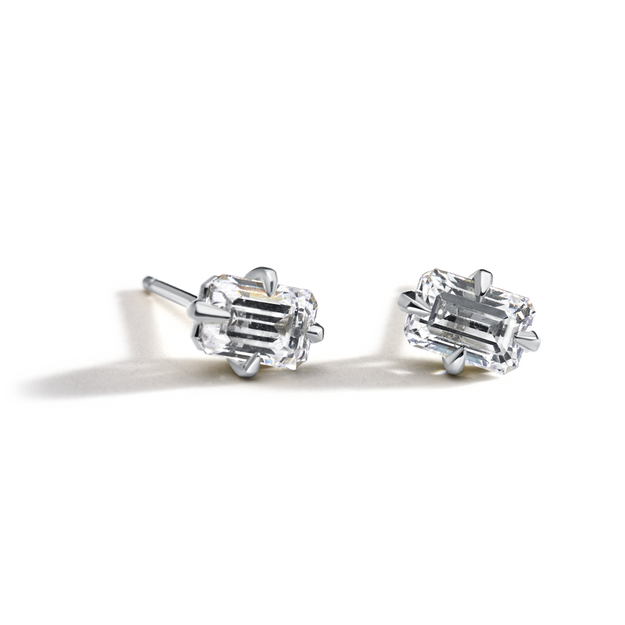 Emerald Diamond Studs Sparkle Earring Solitaire Elegant Dainty White Gold