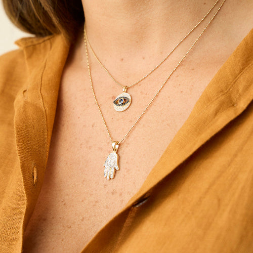 Hamsa Hand Diamond Yellow Gold Necklace - Lab Grown Diamonds | VS Clarity