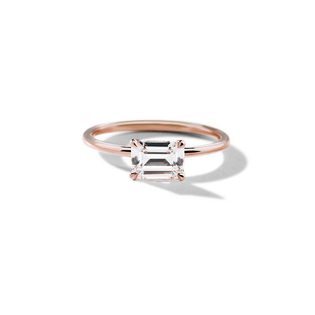 East-West Halo Diamond Engagement Ring Emerald Sparkle Elegant Dainty Stackable Rose Gold Wedding