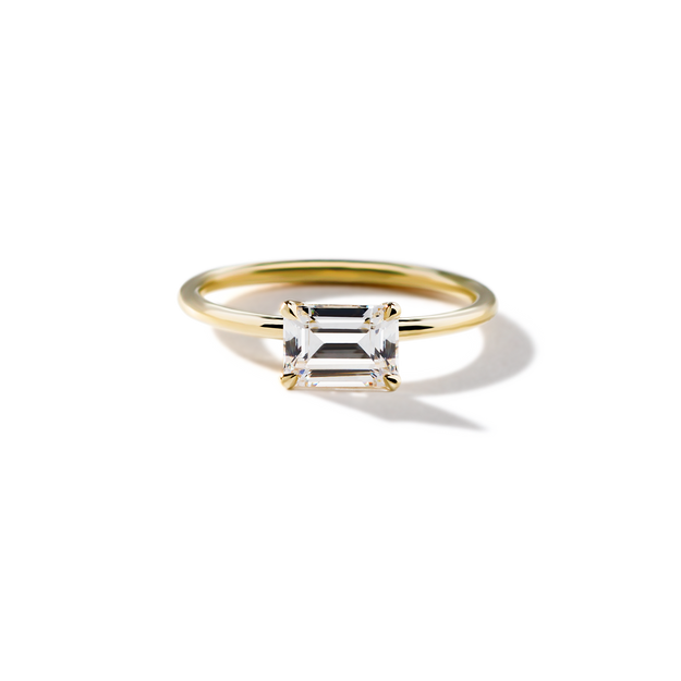 East-West Halo Diamond Engagement Ring Emerald Sparkle Elegant Dainty Stackable Yellow Gold Wedding