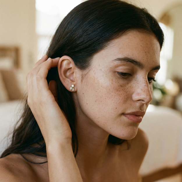 Woman with earing looking away from camera