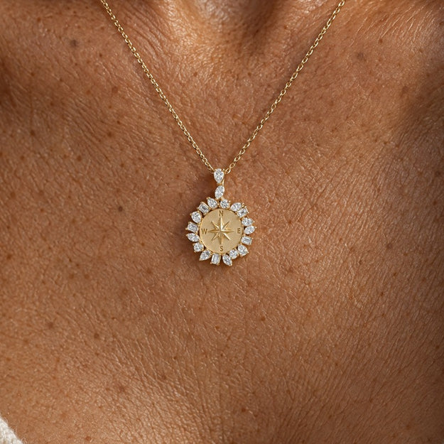 Multi Shape Diamonds Compass Pendant Necklace - 18K Gold | VS Clarity Natural Diamonds