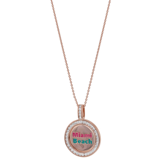 Rose gold necklace with 'Miami Beach' pendant on a white background