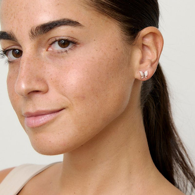 Diamond Rose Gold Butterfly Stud Earrings 14K gold 18K white diamond black diamond VS clarity whimsical sparkling