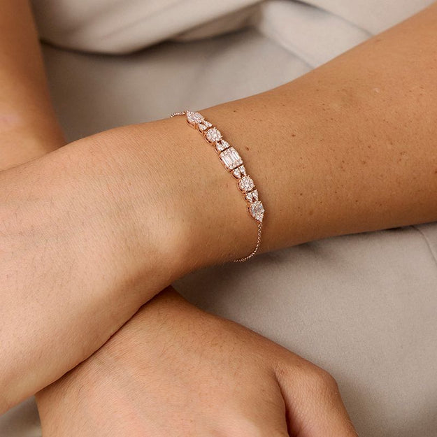 Baguette & Round Diamond Chain Bracelet 18K 14K rose gold sparkling VS Clarity