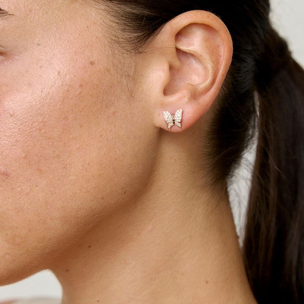 Diamond Rose Gold Butterfly Stud Earrings 14K gold 18K white diamond black diamond VS clarity whimsical sparkling