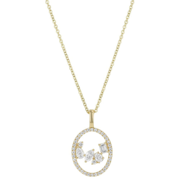 Gold necklace with a circular pendant featuring a butterfly design on a white background