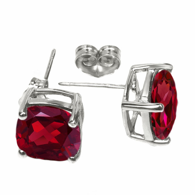 Cushion Ruby Stud Earrings - Sterling Silver