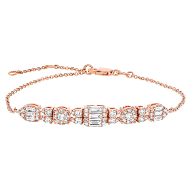Baguette & Round Diamond Chain Bracelet 18K 14K rose gold sparkling VS Clarity