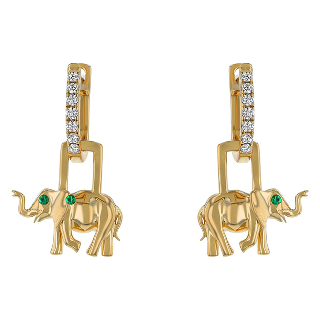 Lab Grown Diamond Huggies with Emerald Elephant Sparkle Fashion Statement VS Clarity sparkling diamonds 14K 18K Gold