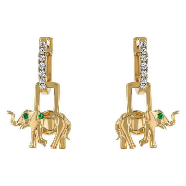 Diamond Huggies with Emerald Elephant - 18K Gold | VS Clarity