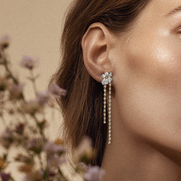 Close-up of a woman wearing floral earrings with a blurred floral background