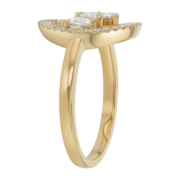 Gold ring with a diamond on a white background
