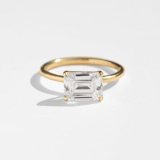 East-West Halo Diamond Engagement Ring Emerald Sparkle Elegant Dainty Stackable Yellow Gold Wedding