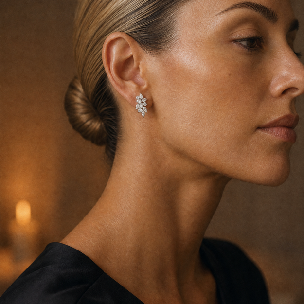 A close-up side profile of a woman wearing a small silver-toned cluster stud earring with clear stones, set against a warm, softly blurred background.