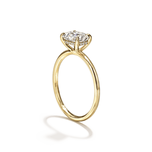 East-West Halo Diamond Engagement Ring Emerald Sparkle Elegant Dainty Stackable Yellow Gold Wedding