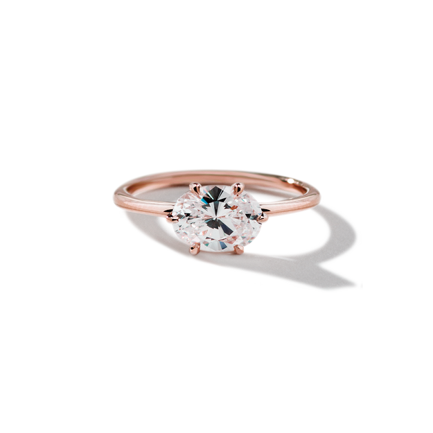 East-West Halo Diamond Engagement Ring Oval Sparkle Elegant Dainty Stackable Rose Gold Wedding
