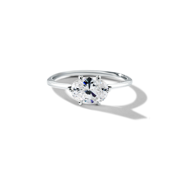 East-West Halo Diamond Engagement Ring Oval Sparkle Elegant Dainty Stackable White Gold Wedding