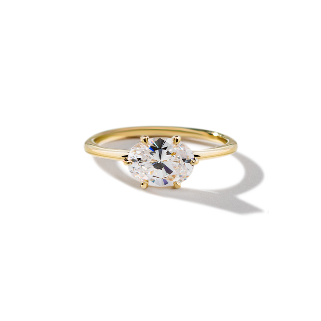East-West Halo Diamond Engagement Ring Oval Sparkle Elegant Dainty Stackable Yellow Gold Wedding