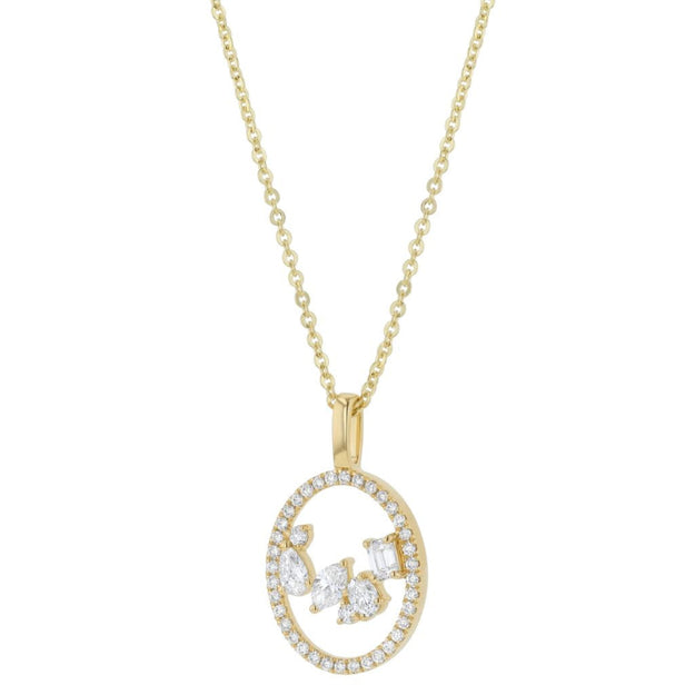 Gold necklace with a diamond pendant on a white background