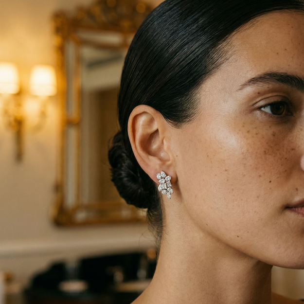 Close-up of a woman wearing earrings with a blurred background