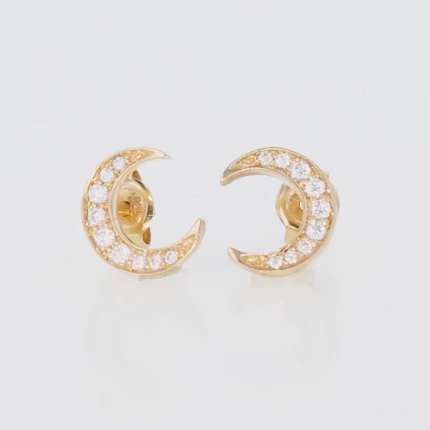 18-Karat Gold Crescent Moon Stud Earrings with 1/8 Carats Total 