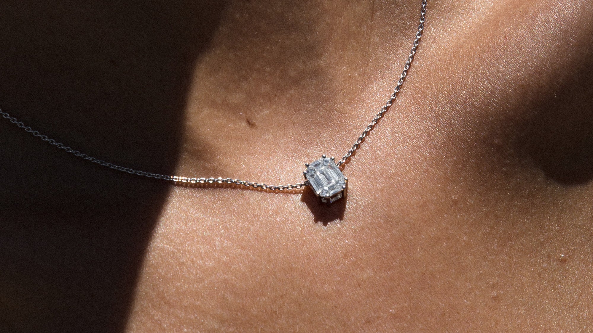 Emerald Cut Halo Diamond Necklace 001-165-02370 | Hingham Jewelers |  Hingham, MA